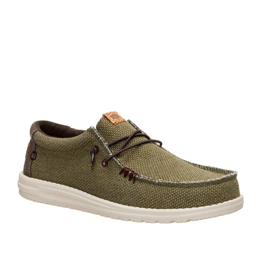 Main front view of a men's Dude Wally Braided lightweight canvas shoe in Burnt Olive / Delicioso Brown in a slip on style with laces.