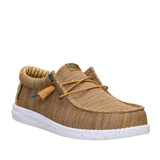 Main front view of a men's Dude Wally Stretch Sox lightweight mesh shoe in Bone Brown / Multi, with elastic laces and a white speckled sole.