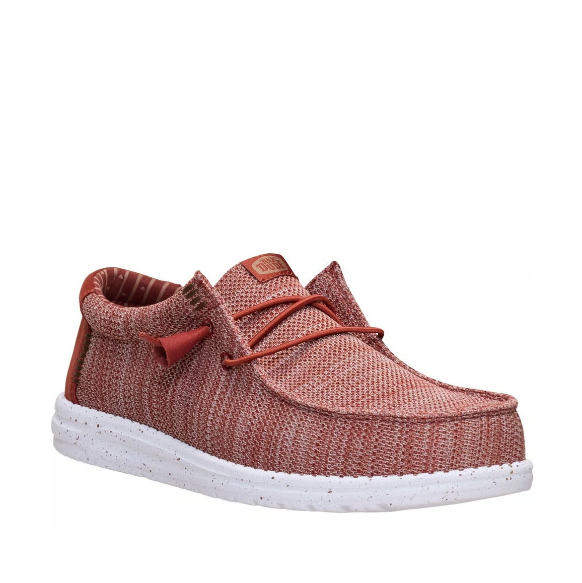 Main front view of a men's Dude Wally Stretch Sox lightweight mesh shoe in Burnt Red / Multi, with elastic laces and a white speckled sole.