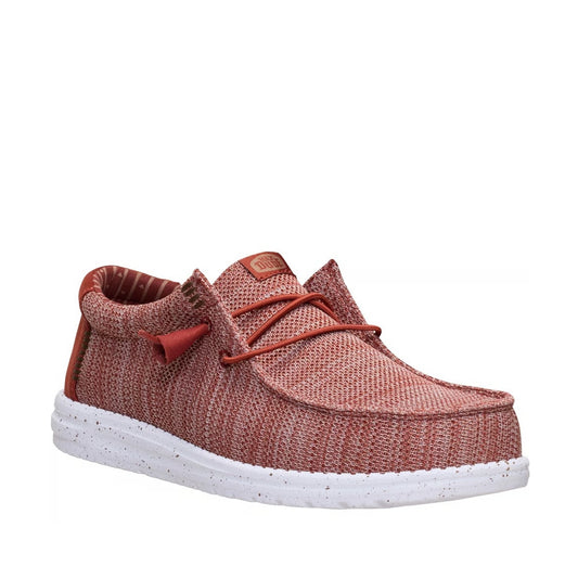 Main front view of a men's Dude Wally Stretch Sox lightweight mesh shoe in Burnt Red / Multi, with elastic laces and a white speckled sole.