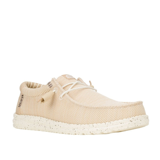 Main front view of a men's Dude Wally Stretch Sox lightweight mesh shoe in Irish Cream / Egret, with elastic laces and a speckled sole.