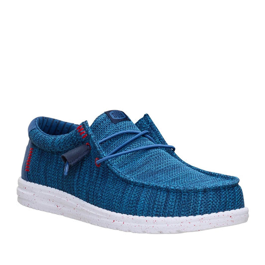 Main front view of a men's Dude Wally Stretch Sox lightweight mesh shoe in Ensign / Multi, with elastic laces and a white speckled sole.