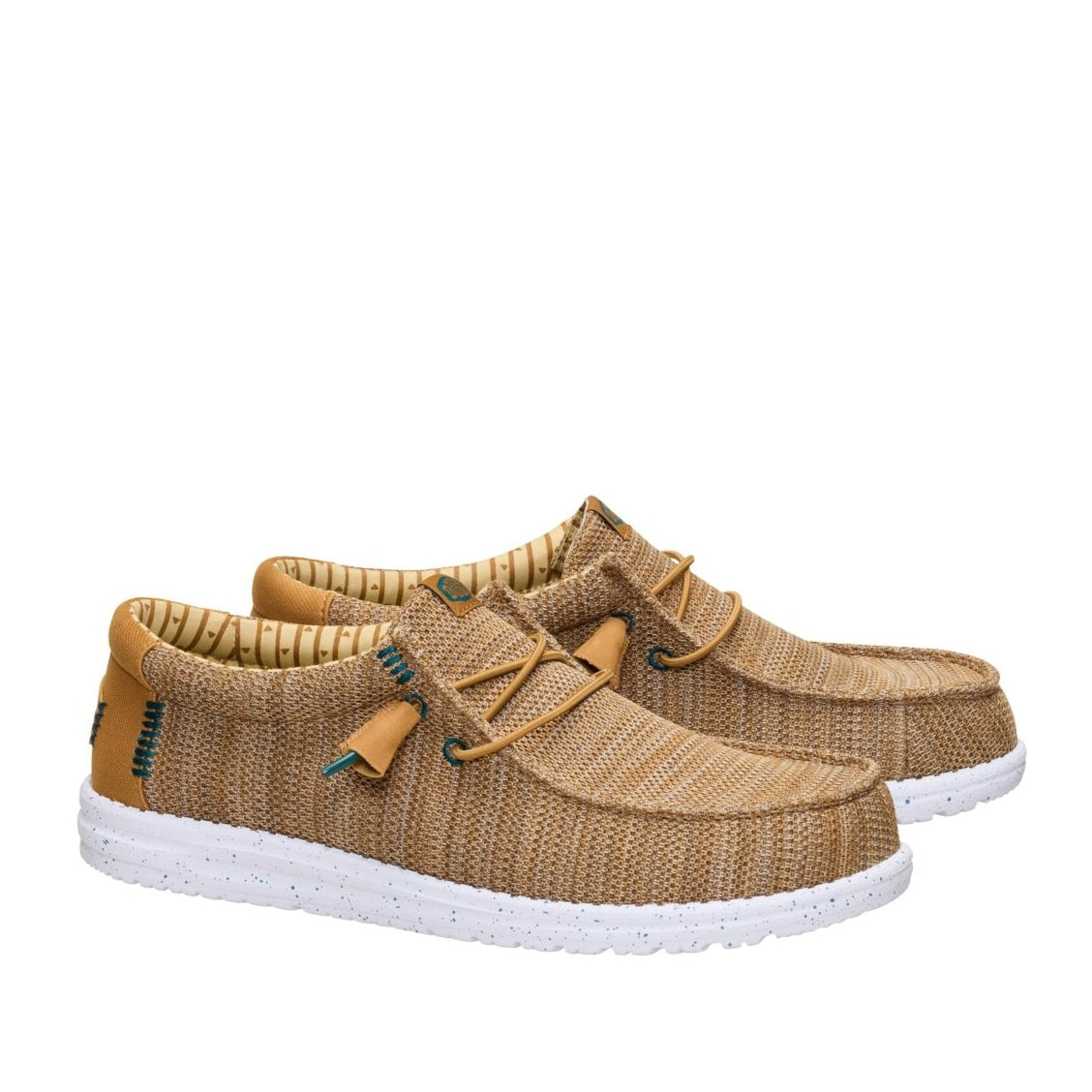 A pair of men's Dude Wally Stretch Sox lightweight mesh shoes in Bone Brown / Multi, with elastic laces and a white speckled sole.