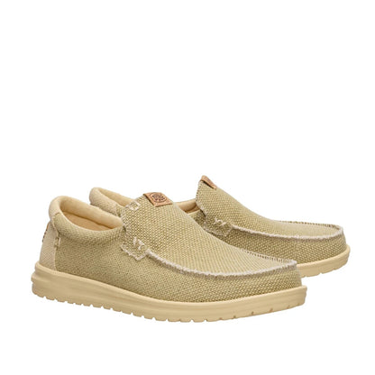 Pair of men's Dude Mikka Braided lightweight slip on canvas shoes in Olive Grey / Boulder Tan.