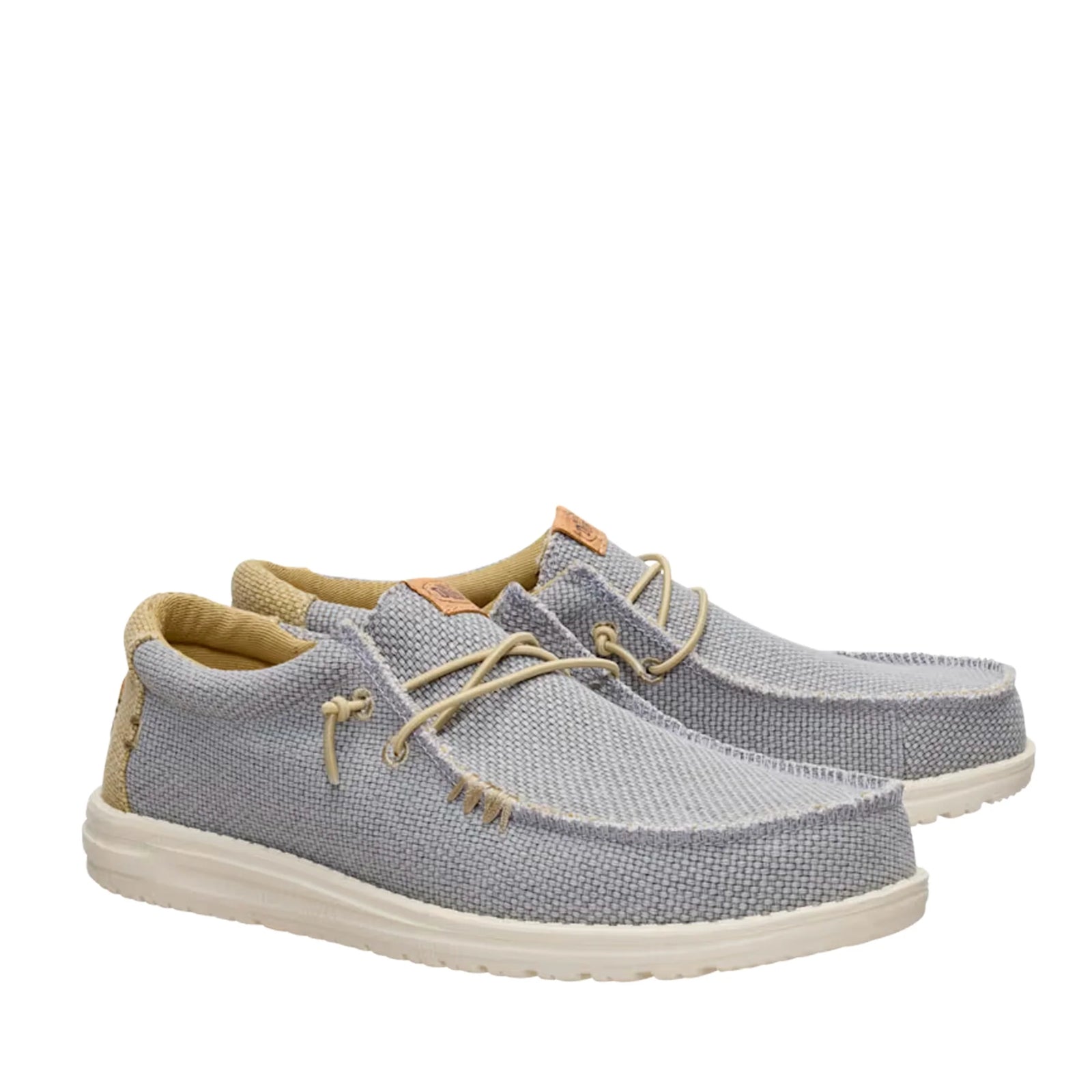 A pair of men's Dude Wally Braided lightweight canvas shoe in Flannel Grey / Olive Grey in a slip on style with laces.