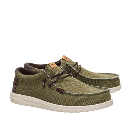 A pair of men's Dude Wally Braided lightweight canvas shoe in Burnt Olive / Delicioso Brown in a slip on style with laces.