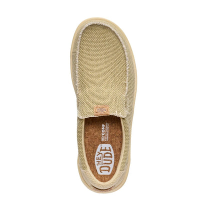Top view of a men's Dude Mikka Braided lightweight slip on canvas shoe in Olive Grey / Boulder Tan with cork effect footbed and Hey Dude logo.