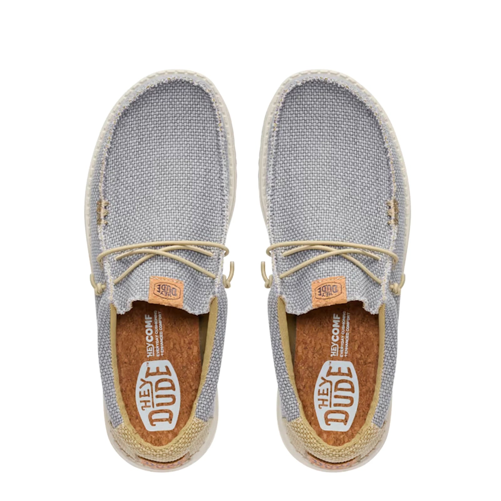 Top view of a pair of men's Dude Wally Braided lightweight canvas shoe in Flannel Grey / Olive Grey in a slip on style with laces and cork effect insole with Hey Dude logo.