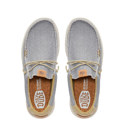 Top view of a pair of men's Dude Wally Braided lightweight canvas shoe in Flannel Grey / Olive Grey in a slip on style with laces and cork effect insole with Hey Dude logo.