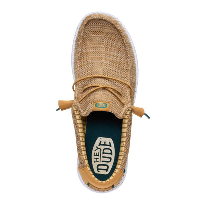 Top view of a men's Dude Wally Stretch Sox lightweight mesh shoe in Bone Brown / Multi, with elastic laces and a removable insole with Hey Dude logo on the footbed.