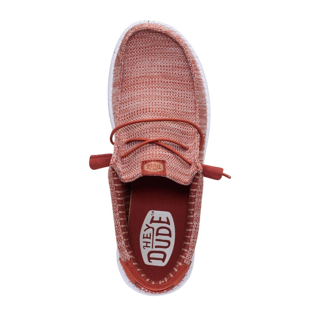 Top view of a men's Dude Wally Stretch Sox lightweight mesh shoe in Burnt Red / Multi, with elastic laces and a removable foam insole with Hey Dude logo on the footbed.