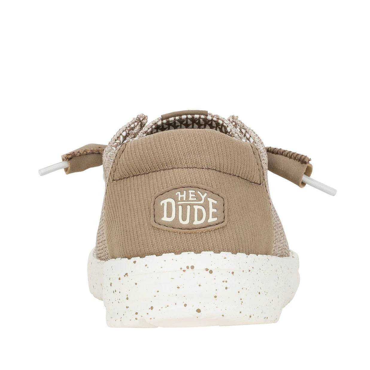 Back heel view of a women's Dude Wendy Stretch Sox shoe in Walnut beige/brown, featuring a plain brown heel panel with Hey Dude logo
