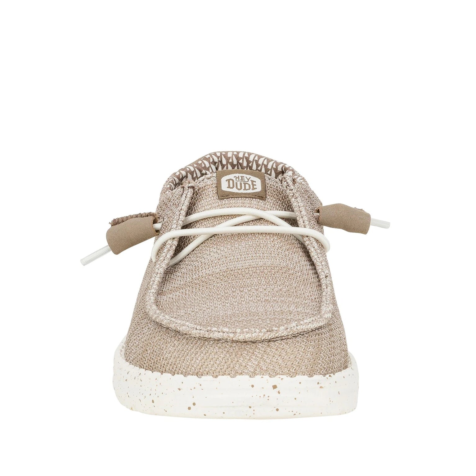 Front toe view of a women's Dude Wendy Stretch Sox shoe in Walnut beige/brown, featuring white elastic laces and logo label on the tongue.