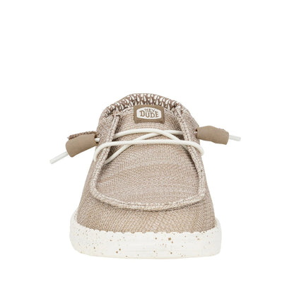 Front toe view of a women's Dude Wendy Stretch Sox shoe in Walnut beige/brown, featuring white elastic laces and logo label on the tongue.