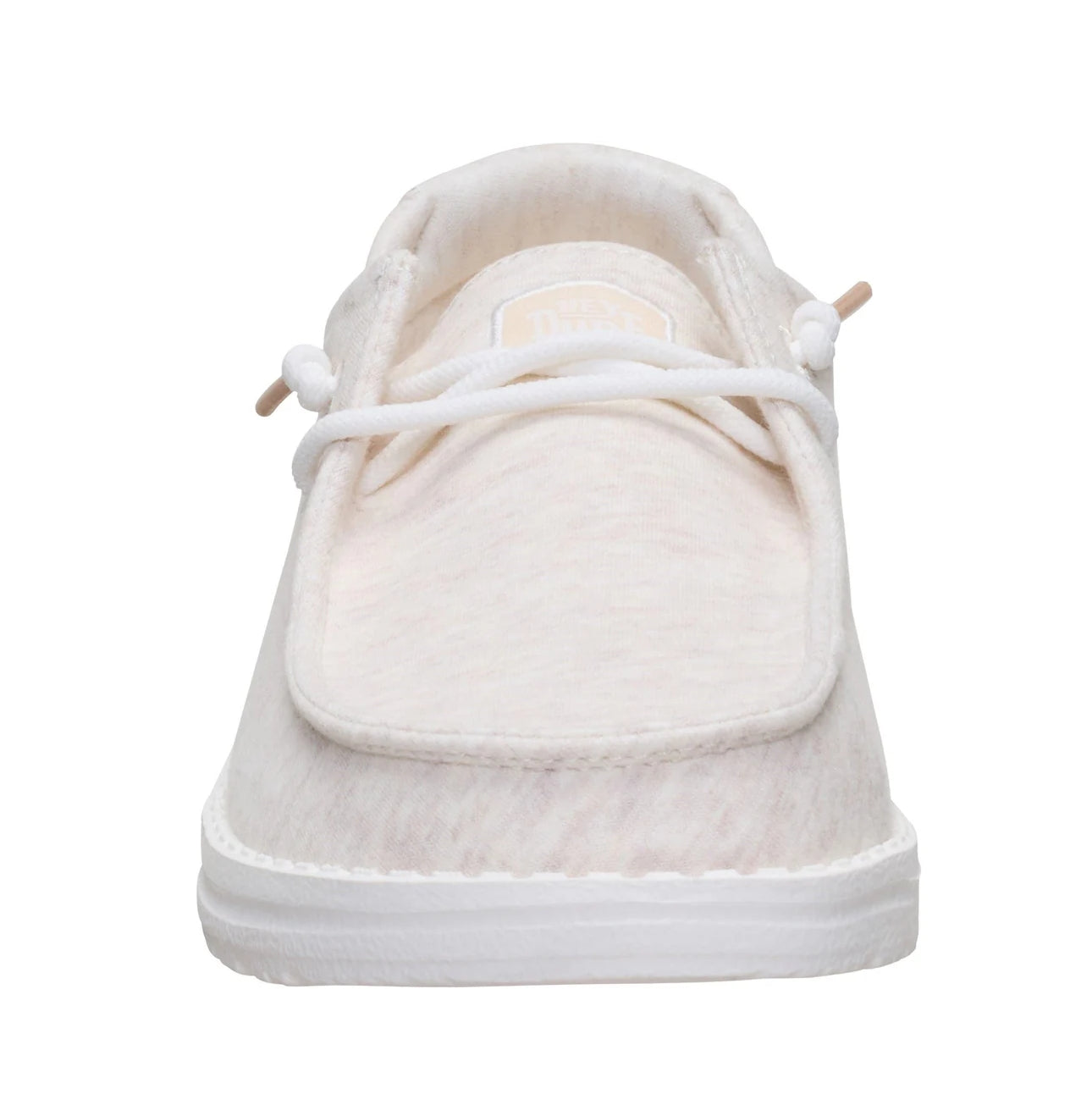 Front toe view of a women's Dude Wendy Stretch Jersey lightweight Summer shoe in Oatmeal, featuring a heathered upper fabric, white sole and elastic laces.