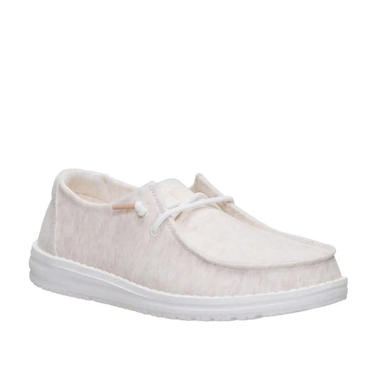 Main front view of a women's Dude Wendy Stretch Jersey lightweight Summer shoe in Oatmeal, featuring a heathered upper fabric, white sole and elastic laces.