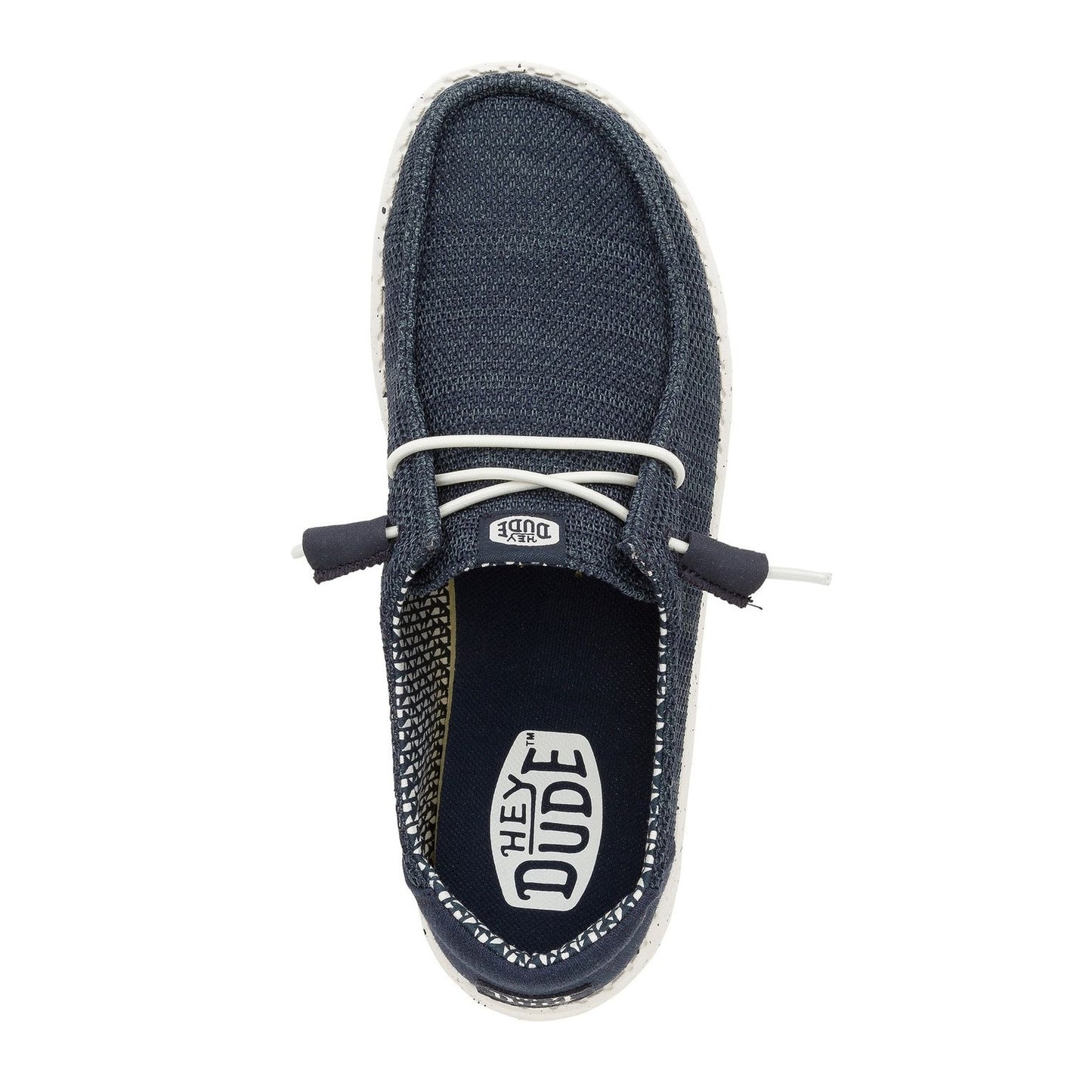 Top view of a women's Dude Wendy Stretch Sox shoe in Navy, featuring white elastic laces and removable insole with Hey Dude logo on the footbed.