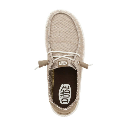Top view of a women's Dude Wendy Stretch Sox shoe in Walnut beige/brown, featuring white elastic laces and brown removable insole with Hey Dude logo on the footbed.