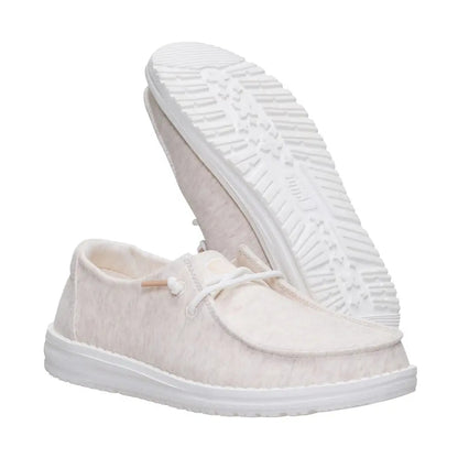 Main front view of women's Dude Wendy Stretch Jersey lightweight Summer shoes in Oatmeal, showing the white outsole.