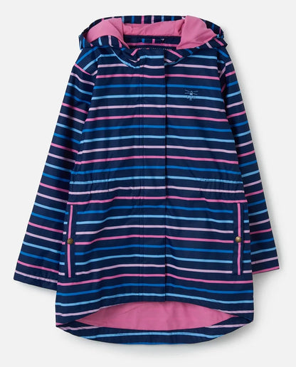 Front view of a childs Lighthouse Charlotte waterproof hooded jacket in navy with pink and blue stripes on a white background