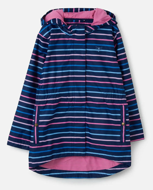 Front view of a childs Lighthouse Charlotte waterproof hooded jacket in navy with pink and blue stripes on a white background