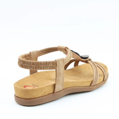 Back view of a Heavenly Feet womens Alison t-strap sandal in tan brown with elastic ankle strap.