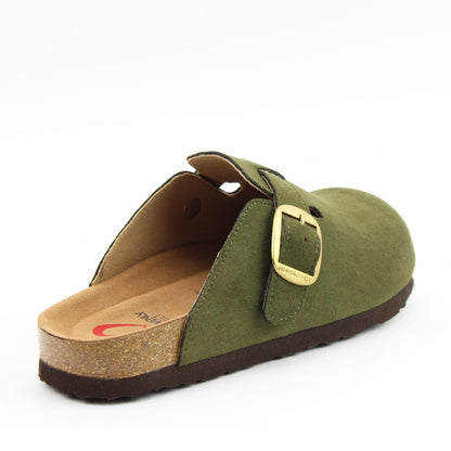 Back view of a womens Heavenly Feet Alessia Cool Forest Green mule clog shoe with a gold buckle