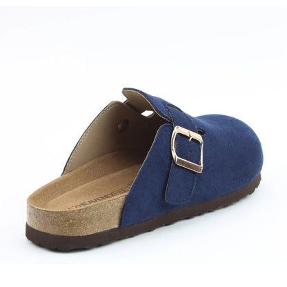 Back view of a womens Heavenly Feet Alessia mule clog shoe in navy with a gold coloured buckle