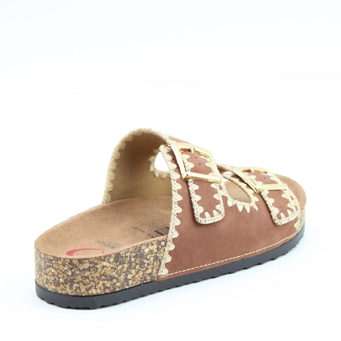 Back view of a women's Bark Brown Heavenly Feet Sandy double buckle slider sandal with embroidered straps.