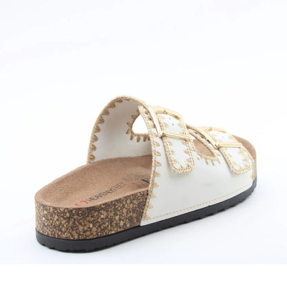 Back view of a women's Beige Heavenly Feet Sandy double buckle slider sandal with embroidered straps.
