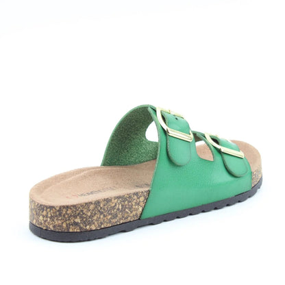 Back view of a womens Heavenly Feet Harmony 2 double buckle slider sandal in Fern Green.