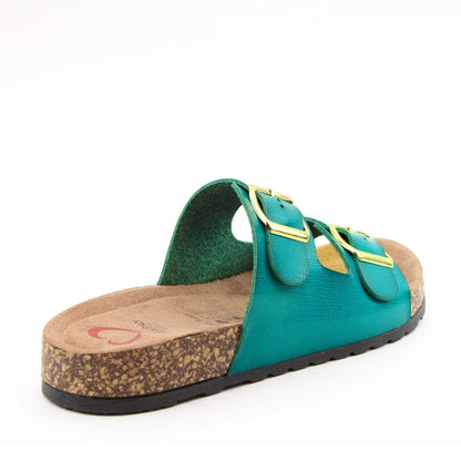 Back view of a womens Heavenly Feet Harmony 2 double buckle slider sandal in Ocean Blue.