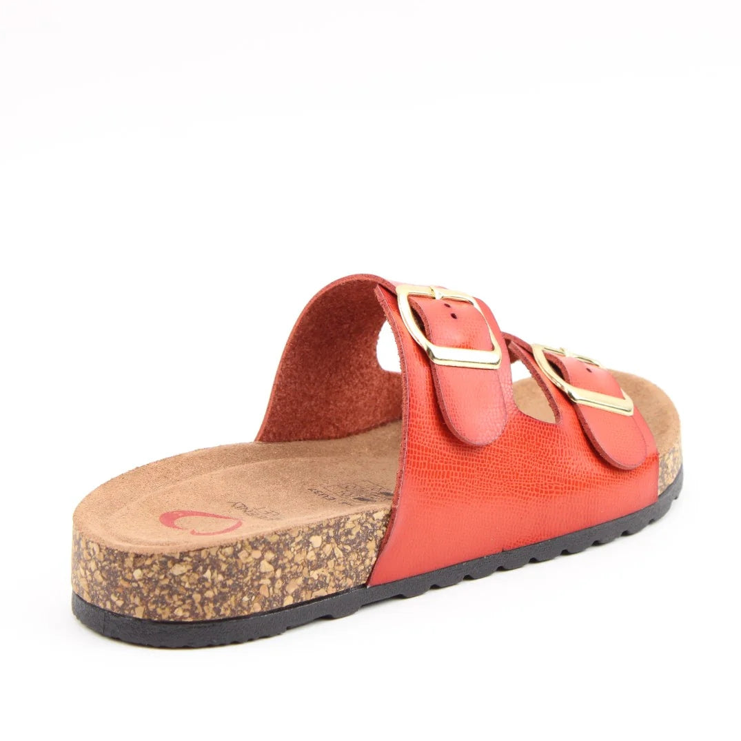 Back view of a womens Heavenly Feet Harmony 2 double buckle slider sandal in Orange.
