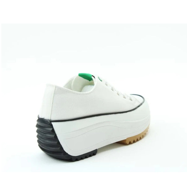 Back view of a Heavenly Feet womens Strata white lace up canvas shoe with white platform sole.