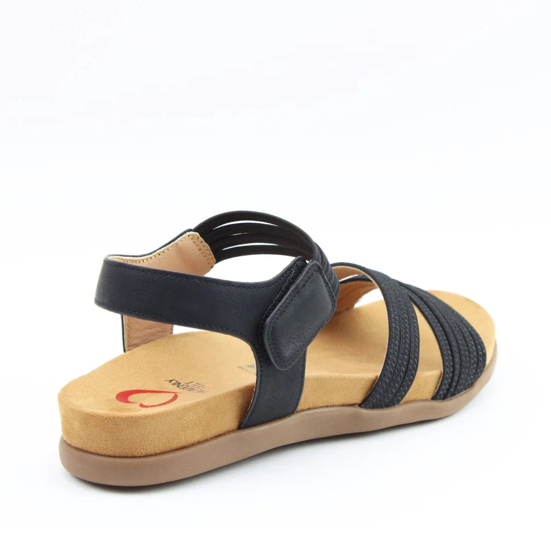 Back view of a women's Heavenly Feet Tyra sandal in black with two front straps, adjustable ankle strap and a tan coloured sole.