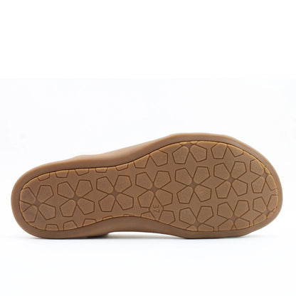 Bottom sole view of a Heavenly Feet womens Alison t-strap sandal in black with elastic ankle strap.