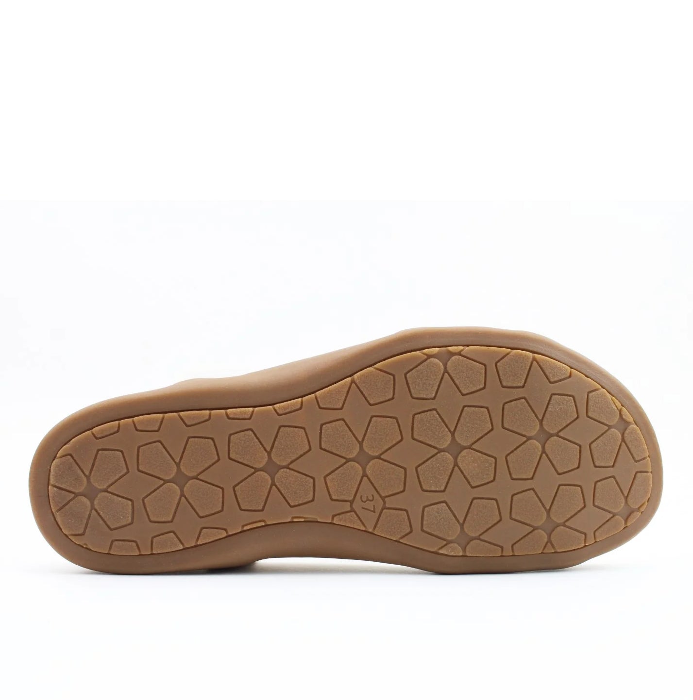 Bottom sole view of a Heavenly Feet womens Alison t-strap sandal in tan brown with elastic ankle strap.