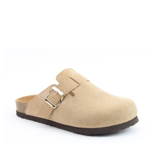 Main view of a womens Heavenly Feet Alessia Cool beige mule clog shoe with a gold buckle