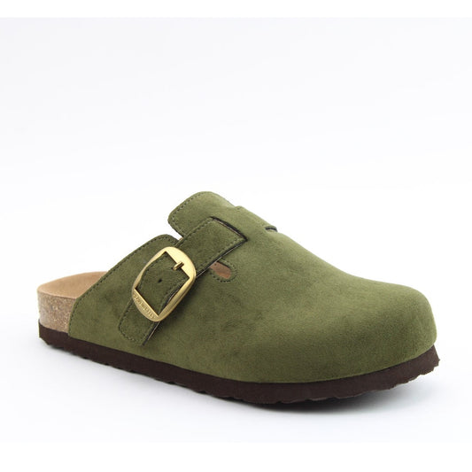 Main view of a womens Heavenly Feet Alessia Cool Forest Green mule clog shoe with a gold buckle