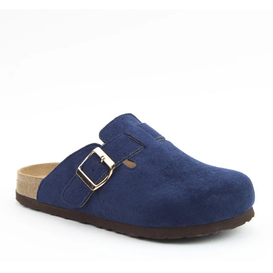 Front view of a womens Heavenly Feet Alessia mule clog shoe in navy with a gold coloured buckle