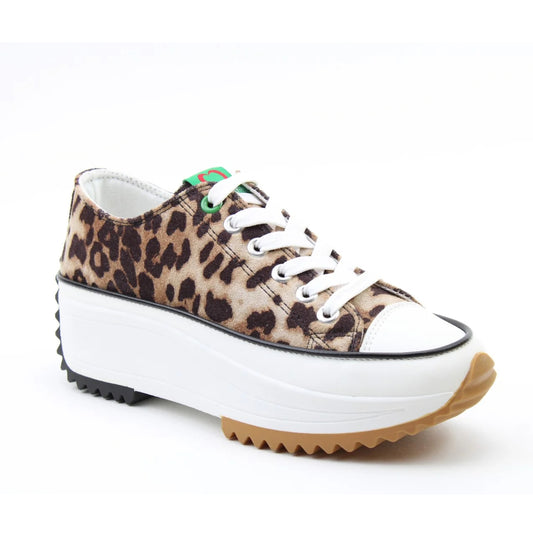 Main view of a Heavenly Feet womens Strata lace up canvas shoe in brown with cheetah animal print and white platform sole.