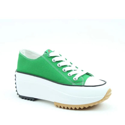 Main view of a Heavenly Feet womens Strata green lace up canvas shoe with white platform sole.