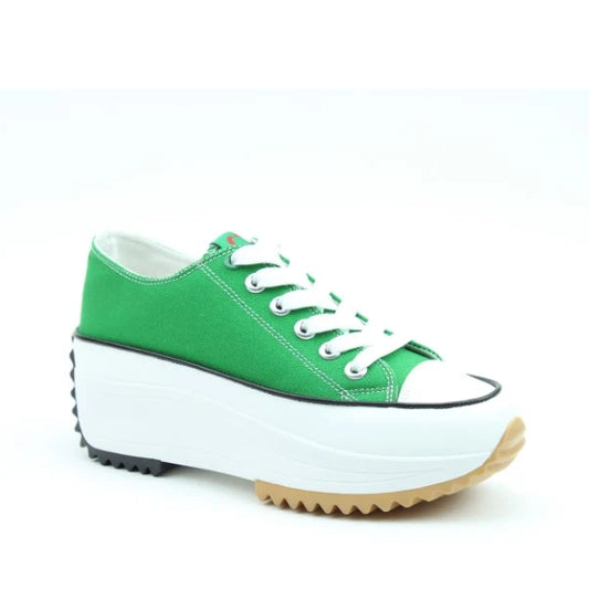 Main view of a Heavenly Feet womens Strata green lace up canvas shoe with white platform sole.