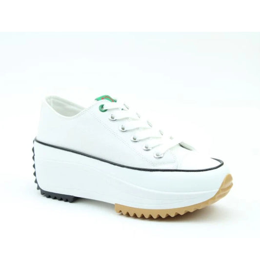 Main view of a Heavenly Feet womens Strata white lace up canvas shoe with white platform sole.