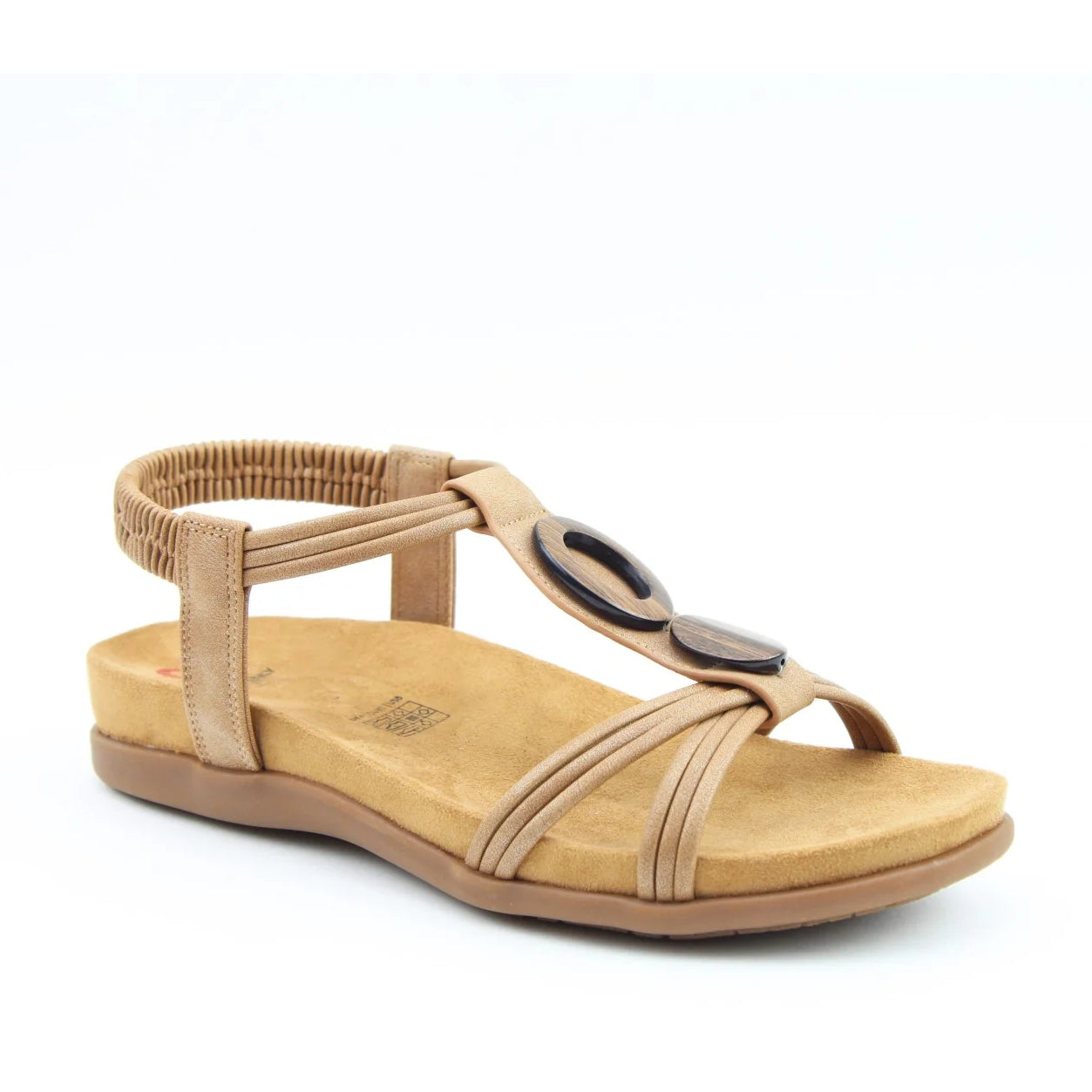Front main view of a Heavenly Feet womens Alison t-strap sandal in tan brown with elastic ankle strap.