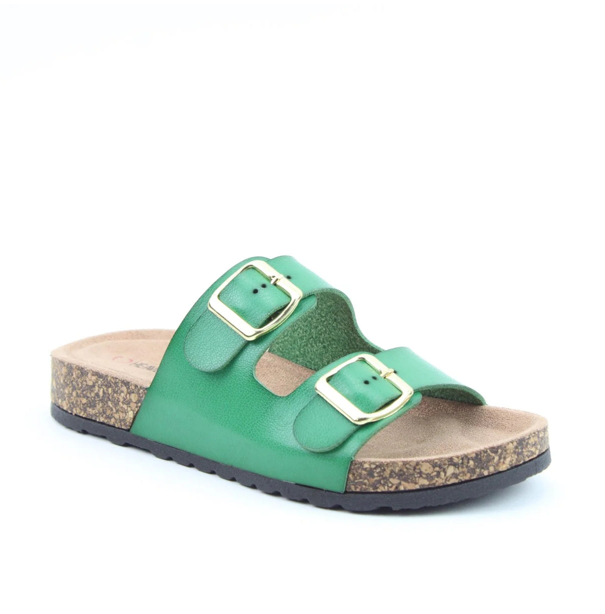 Main front view of a womens Heavenly Feet Harmony 2 double buckle slider sandal in Fern Green.