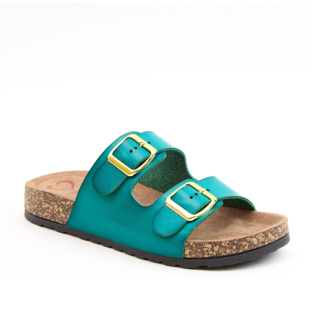Main front view of a womens Heavenly Feet Harmony 2 double buckle slider sandal in Ocean blue.