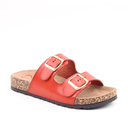 Main front view of a womens Heavenly Feet Harmony 2 double buckle slider sandal in Orange.