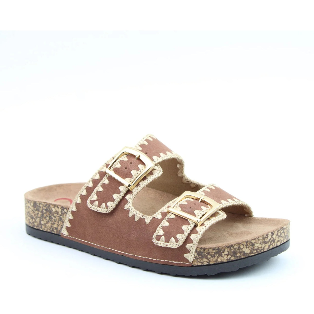 Main front view of a women's Heavenly Feet Sandy double buckle slider sandal in Bark Brown with embroidered straps.
