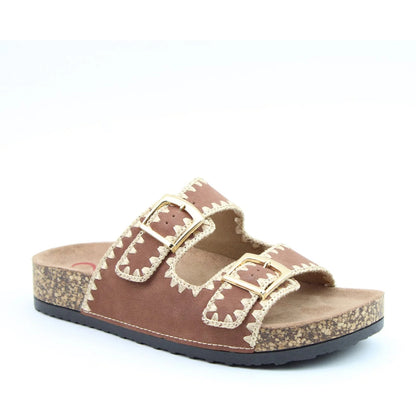 Main front view of a women's Heavenly Feet Sandy double buckle slider sandal in Bark Brown with embroidered straps.
